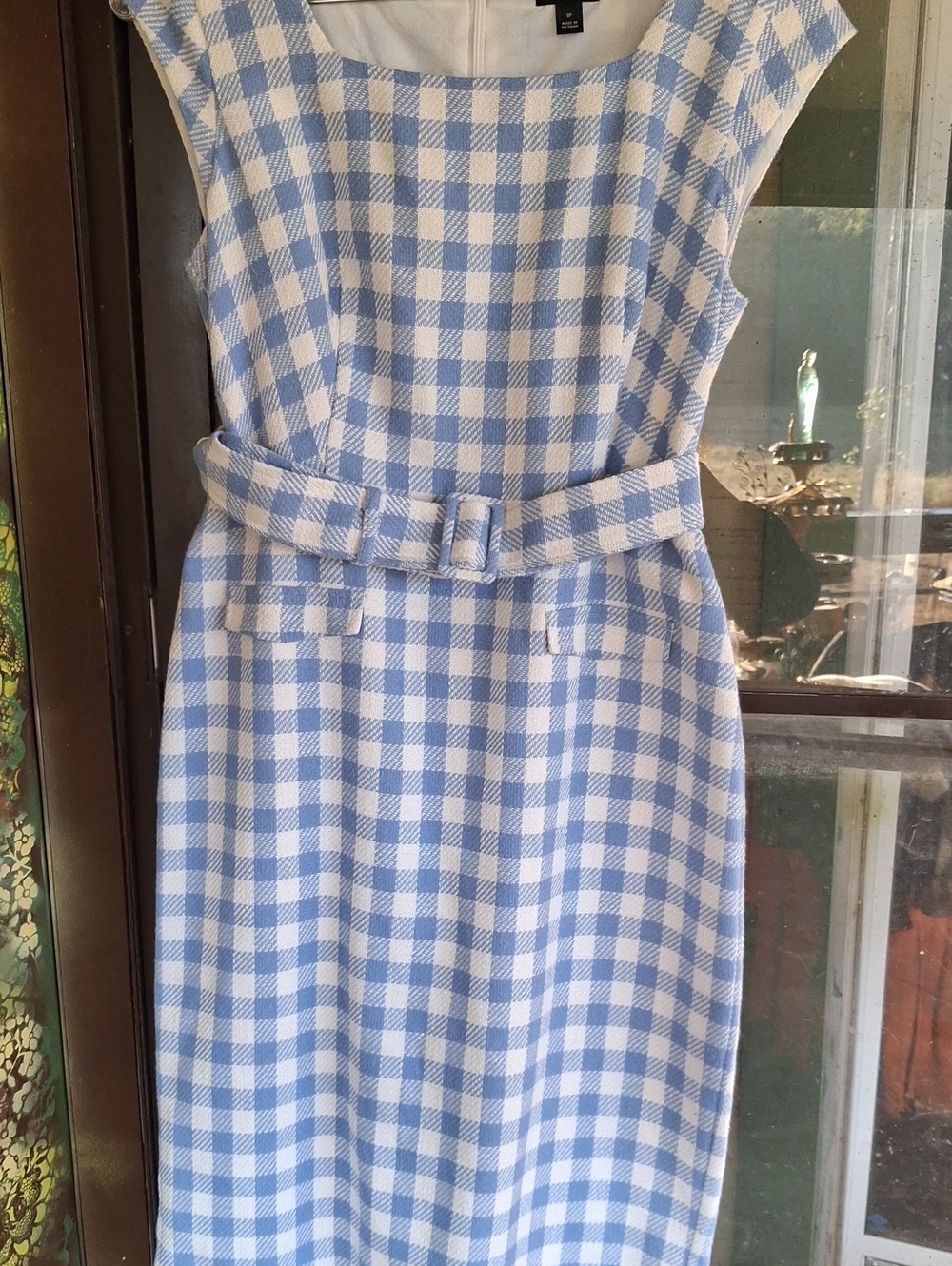 Petite Classic Blue Gingham Belted Sheath Dress By Ann Taylor